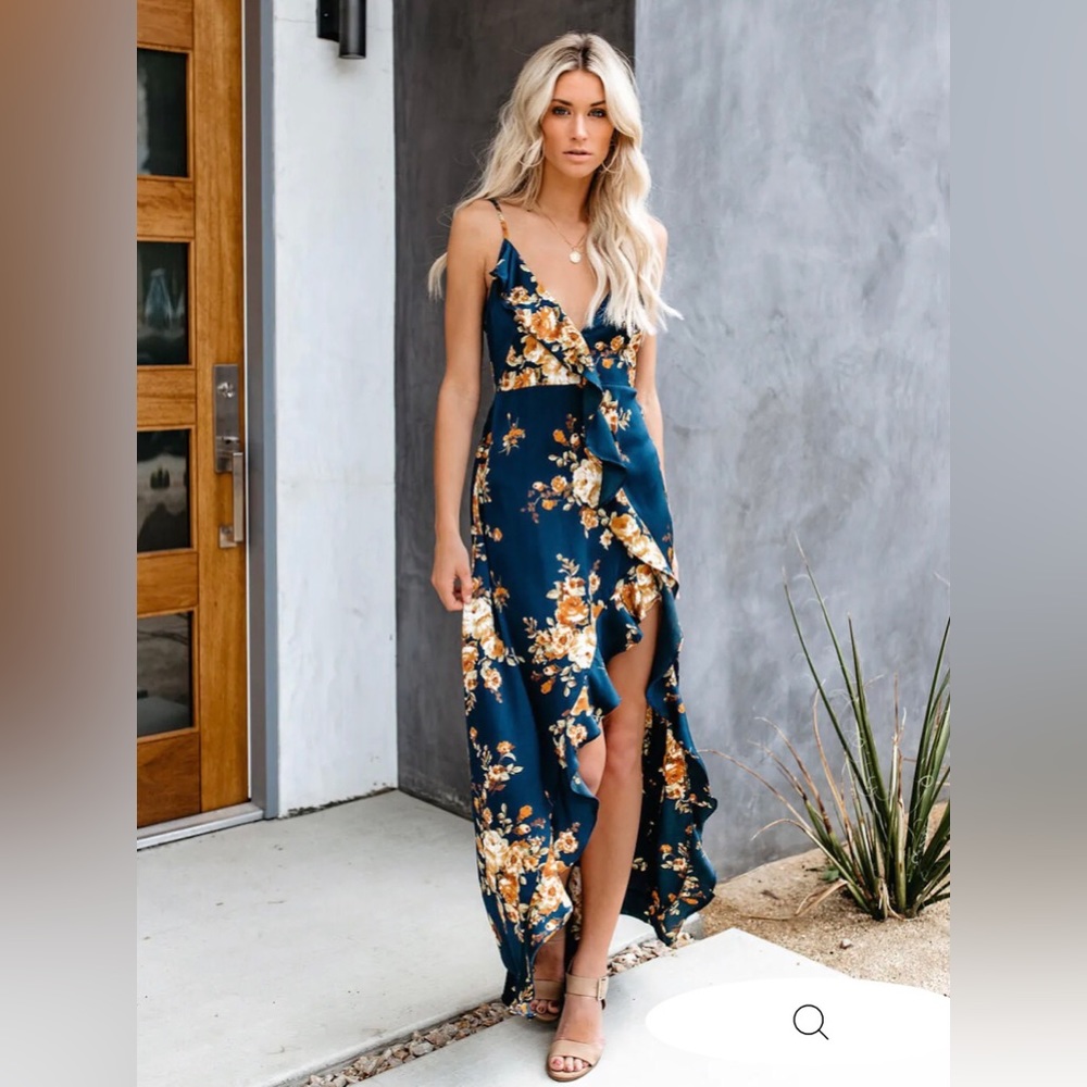 VICI CAPRICCIO SATIN FLORAL RUFFLE MAXI DRESS
